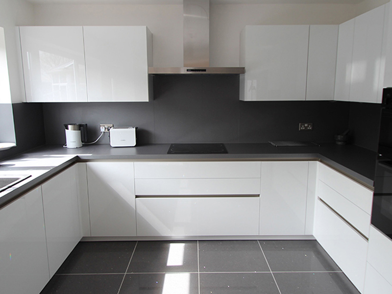 U shape large white kitchen cabinet